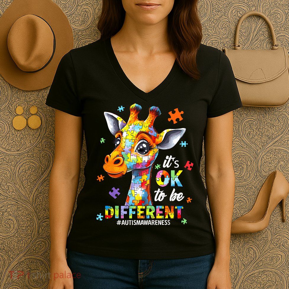 Its Ok To Be Different Autism Awareness Cute Giraffe Animal Women's V-Neck T-Shirt