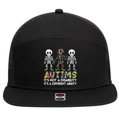 It's Ok To Be Different Skeleton Autism Awareness Funny Gift Cute Gift 7 Panel Mesh Trucker Snapback Hat