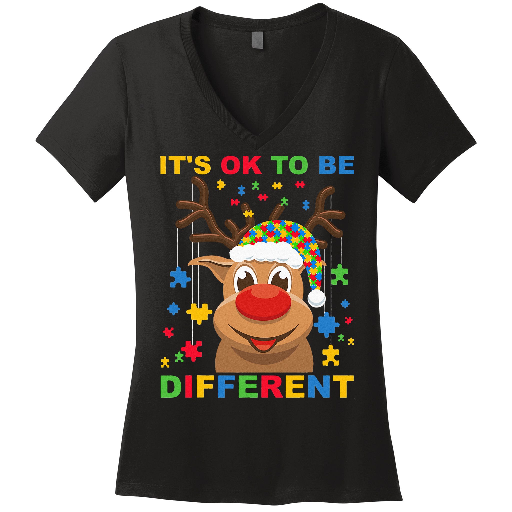 its ok to be different reindeer autism christmas Women's V-Neck T-Shirt