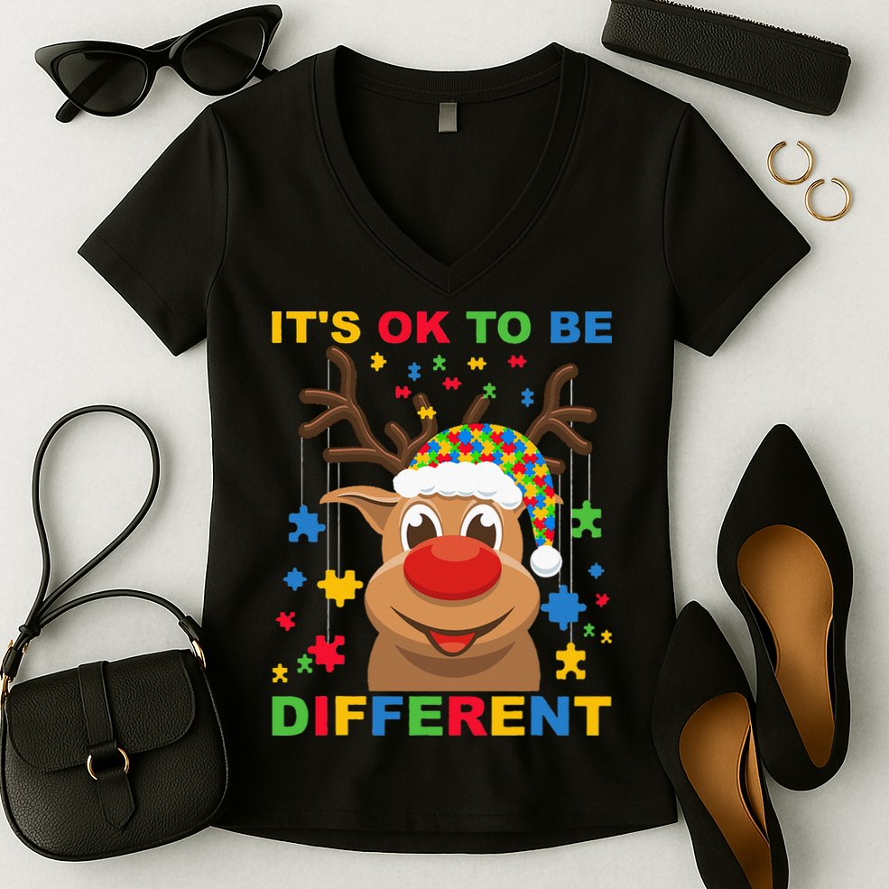 its ok to be different reindeer autism christmas Women's V-Neck T-Shirt