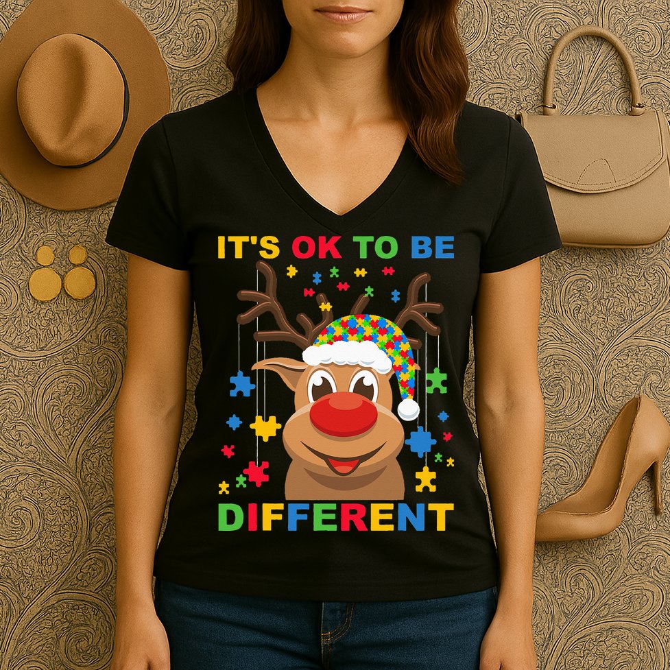 its ok to be different reindeer autism christmas Women's V-Neck T-Shirt