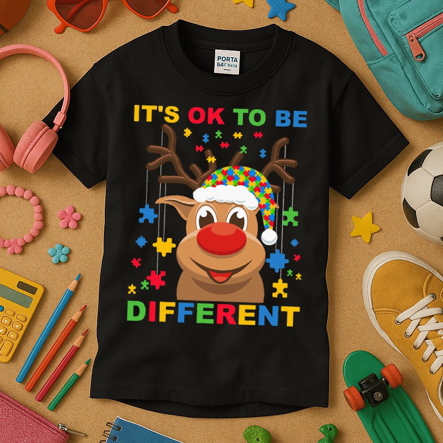its ok to be different reindeer autism christmas Kids T-Shirt
