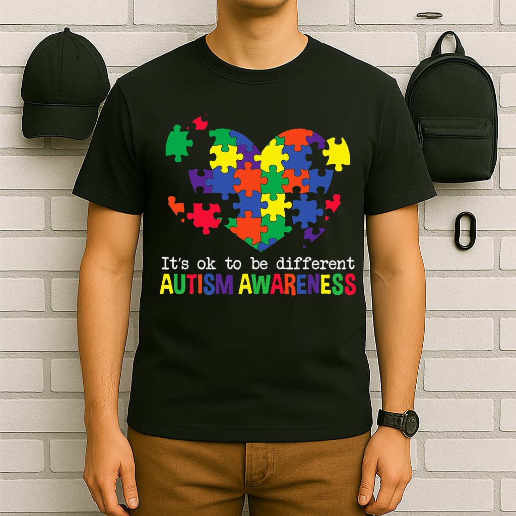 It's Ok to Be Different Autism Awareness Big Puzzle Heart T-Shirt