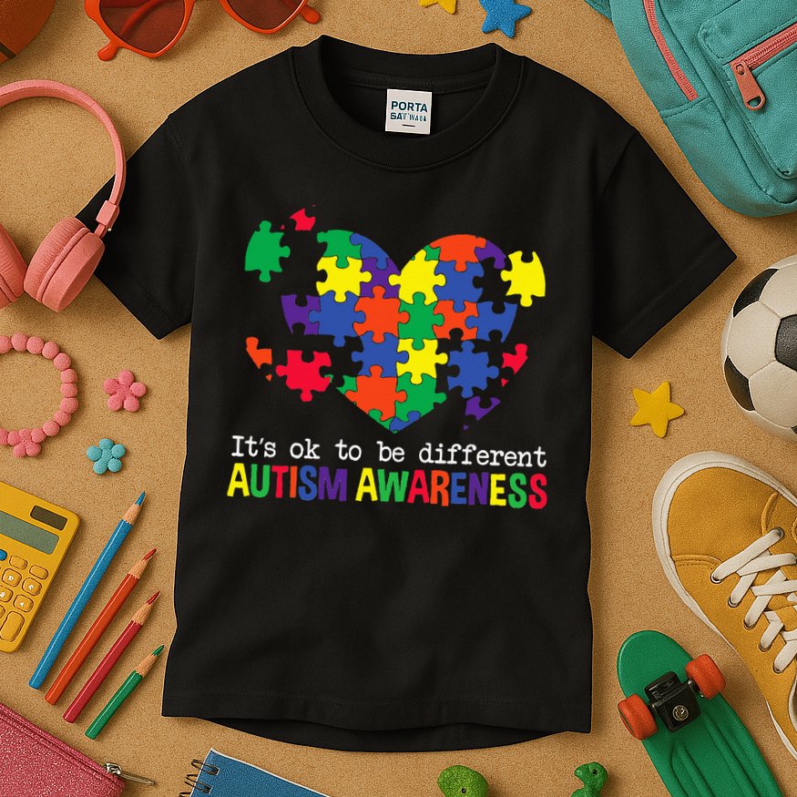 It's Ok to Be Different Autism Awareness Big Puzzle Heart Kids T-Shirt