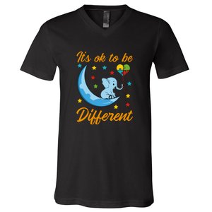 It's Ok To Be Different Cute Elephant Autism Awareness Month Gift V-Neck T-Shirt