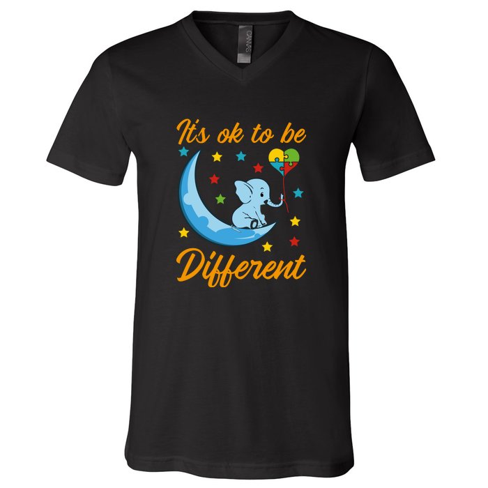 It's Ok To Be Different Cute Elephant Autism Awareness Month Gift V-Neck T-Shirt