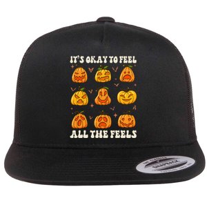 It's Okay To Feel All The Feels Pumpkin Emotion Thanksgiving Flat Bill Trucker Hat