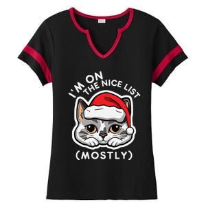 IM On The Nice List Mostly Santa Cat Christmas Quote Ladies Halftime Notch Neck Tee