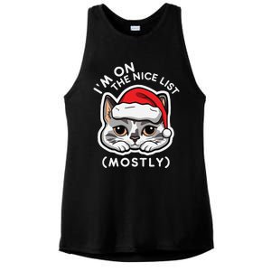 IM On The Nice List Mostly Santa Cat Christmas Quote Ladies PosiCharge Tri-Blend Wicking Tank