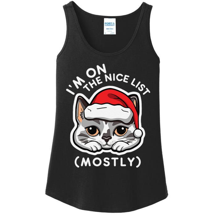 IM On The Nice List Mostly Santa Cat Christmas Quote Ladies Essential Tank