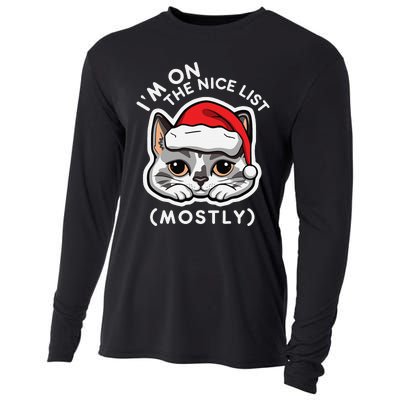 IM On The Nice List Mostly Santa Cat Christmas Quote Cooling Performance Long Sleeve Crew