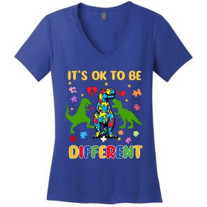 Its Ok To Be Different Autism Awareness Dinosaur Cute Trex Gift Women's V-Neck T-Shirt