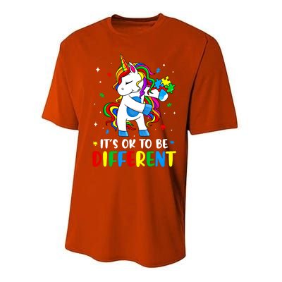 Its Ok To Be Different Autism Awareness Puzzle Piece Unicorn Gift Performance Sprint T-Shirt