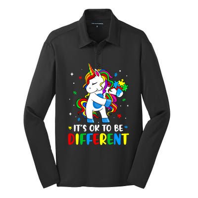 Its Ok To Be Different Autism Awareness Puzzle Piece Unicorn Gift Silk Touch Performance Long Sleeve Polo