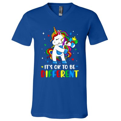 Its Ok To Be Different Autism Awareness Puzzle Piece Unicorn Gift V-Neck T-Shirt