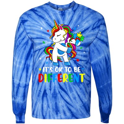 Its Ok To Be Different Autism Awareness Puzzle Piece Unicorn Gift Tie-Dye Long Sleeve Shirt