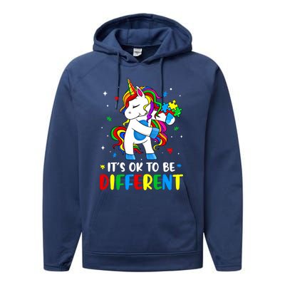 Its Ok To Be Different Autism Awareness Puzzle Piece Unicorn Gift Performance Fleece Hoodie