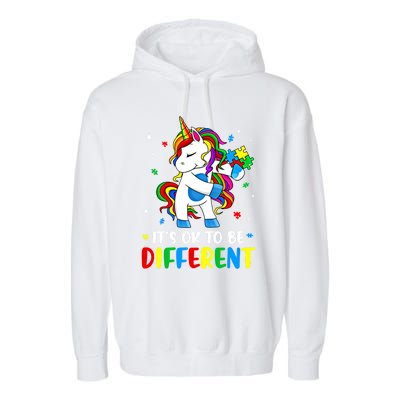 Its Ok To Be Different Autism Awareness Puzzle Piece Unicorn Gift Garment-Dyed Fleece Hoodie