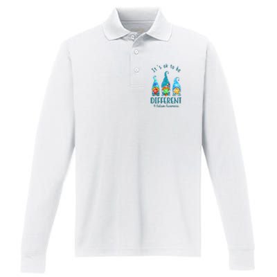 It's Ok To Be Different Autism Awareness Gnome Performance Long Sleeve Polo