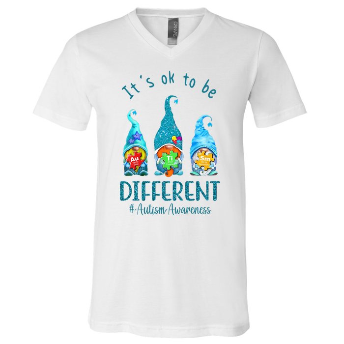 It's Ok To Be Different Autism Awareness Gnome V-Neck T-Shirt