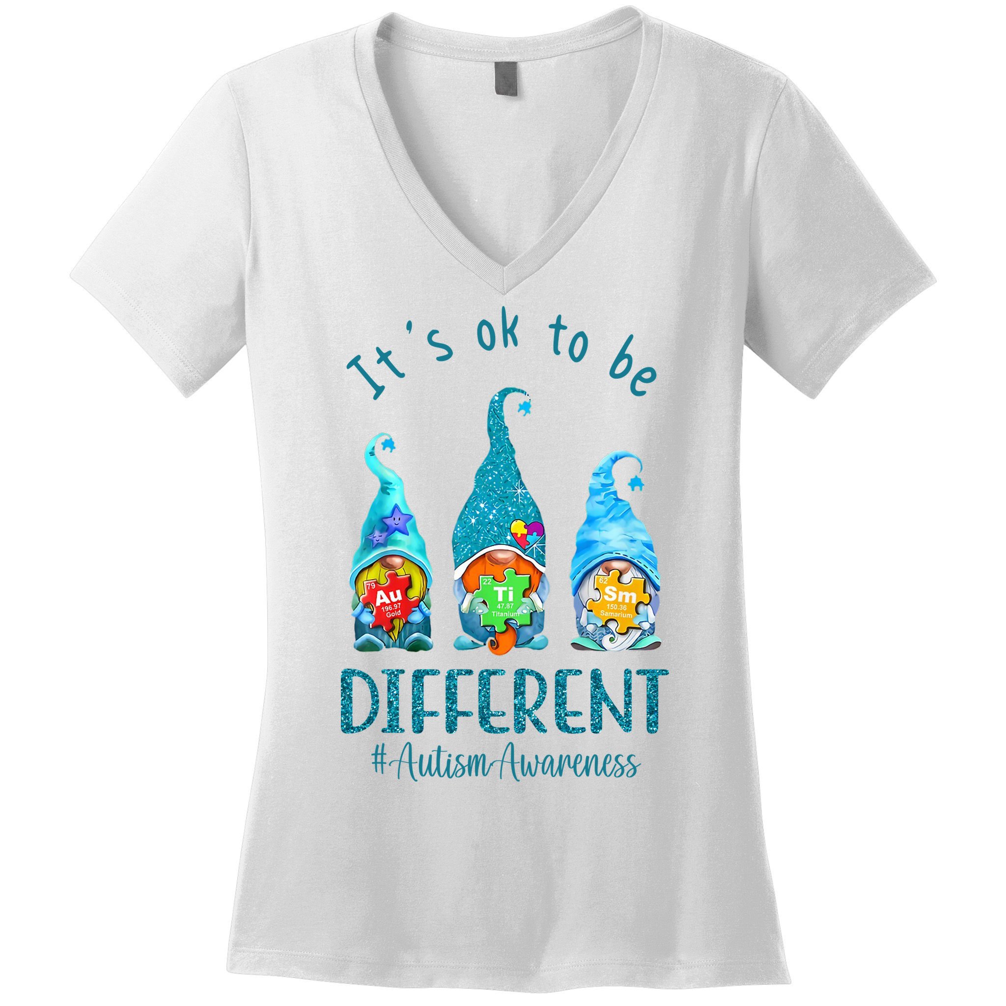 It's Ok To Be Different Autism Awareness Gnome Women's V-Neck T-Shirt