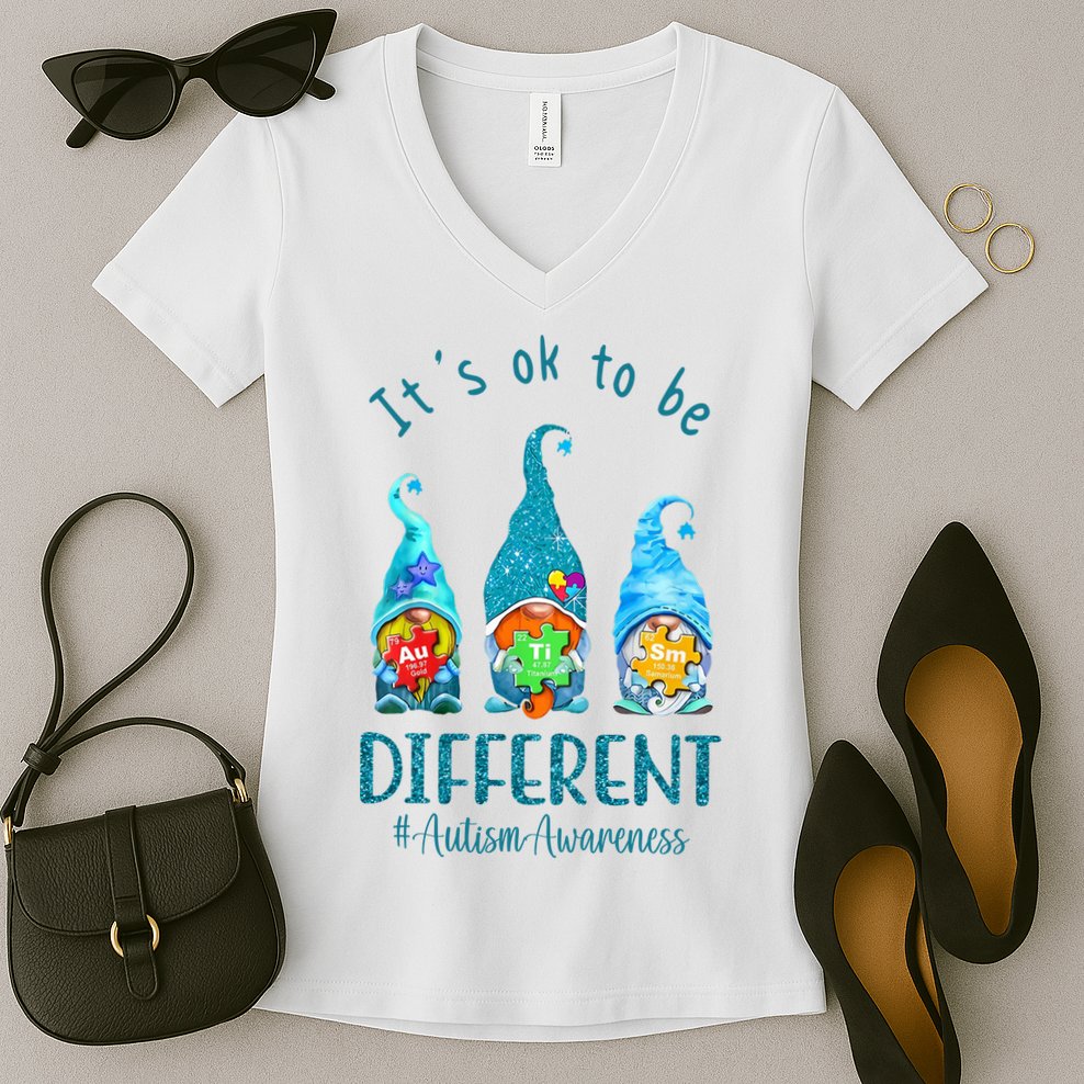 It's Ok To Be Different Autism Awareness Gnome Women's V-Neck T-Shirt