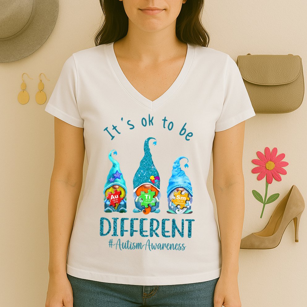 It's Ok To Be Different Autism Awareness Gnome Women's V-Neck T-Shirt
