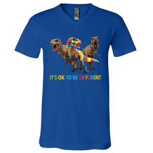 ItS Ok To Be Different Dinosaur Autism Awareness Funny Gift V-Neck T-Shirt