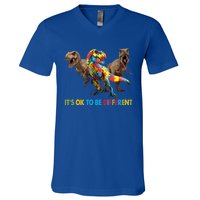 ItS Ok To Be Different Dinosaur Autism Awareness Funny Gift V-Neck T-Shirt