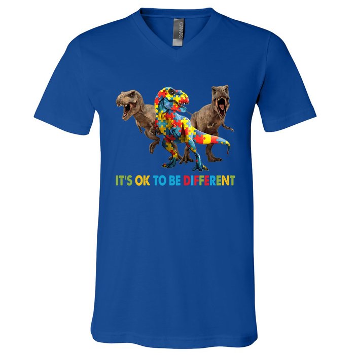 ItS Ok To Be Different Dinosaur Autism Awareness Funny Gift V-Neck T-Shirt