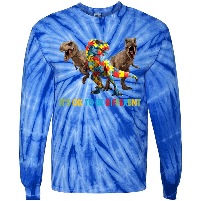 ItS Ok To Be Different Dinosaur Autism Awareness Funny Gift Tie-Dye Long Sleeve Shirt