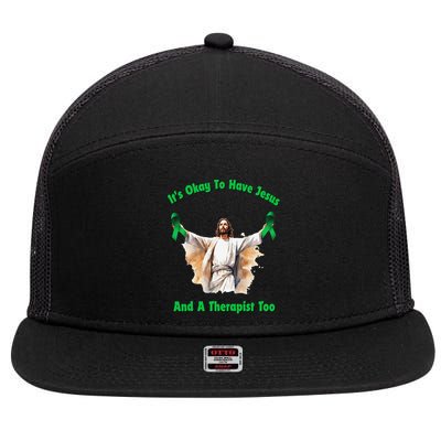 Its Ok To Have Jesus And A Therapist Too 7 Panel Mesh Trucker Snapback Hat