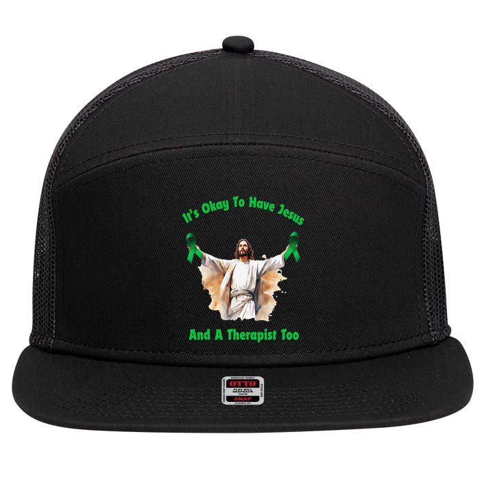 Its Ok To Have Jesus And A Therapist Too 7 Panel Mesh Trucker Snapback Hat