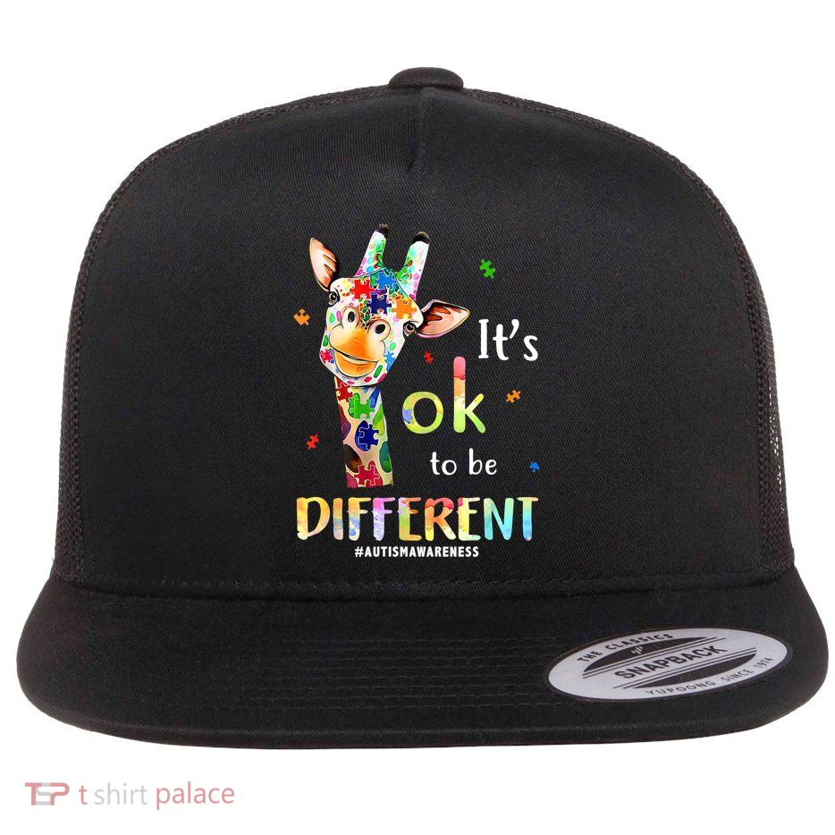 It's Ok To Be Different Autism Awareness Puzzle Giraffe Flat Bill Trucker Hat