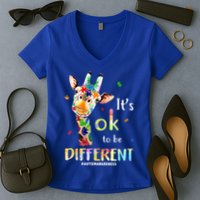 It's Ok To Be Different Autism Awareness Puzzle Giraffe Women's V-Neck T-Shirt