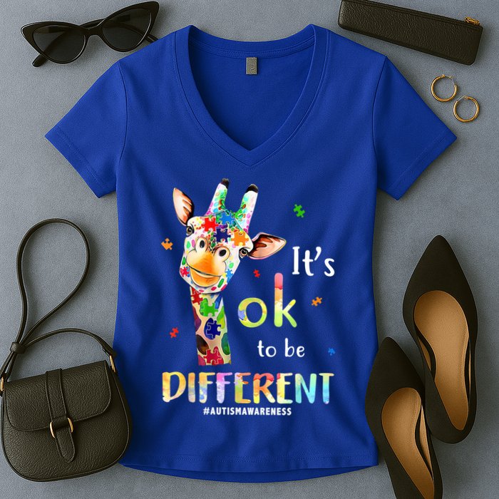It's Ok To Be Different Autism Awareness Puzzle Giraffe Women's V-Neck T-Shirt