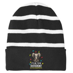 It's Ok To Be Different Autism Awareness Elephant Striped Beanie with Solid Band