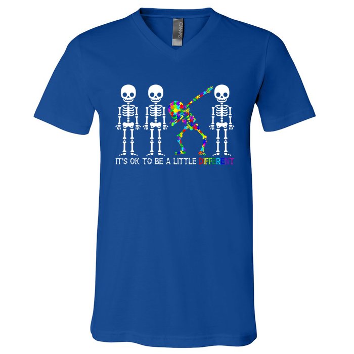 ItS Ok To Be A Little Different Autism Awareness Skeleton Gift V-Neck T-Shirt