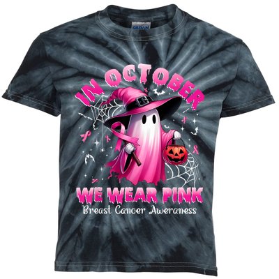 In October We Wear P.I.N.K Ghost Witch Breast Cancer Awareness Kids Tie-Dye T-Shirt