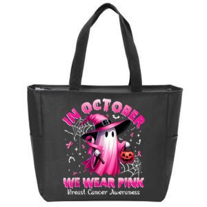 In October We Wear P.I.N.K Ghost Witch Breast Cancer Awareness Zip Tote Bag