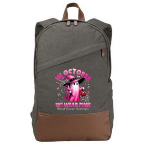 In October We Wear P.I.N.K Ghost Witch Breast Cancer Awareness Cotton Canvas Backpack