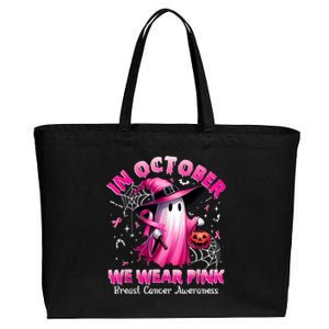 In October We Wear P.I.N.K Ghost Witch Breast Cancer Awareness Cotton Canvas Jumbo Tote