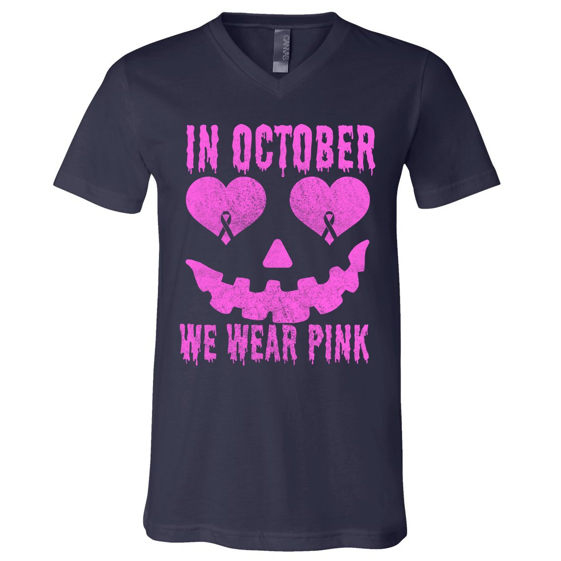In October We Wear Pink Breast Cancer Pink Jackolantern Halloween V-Neck T-Shirt