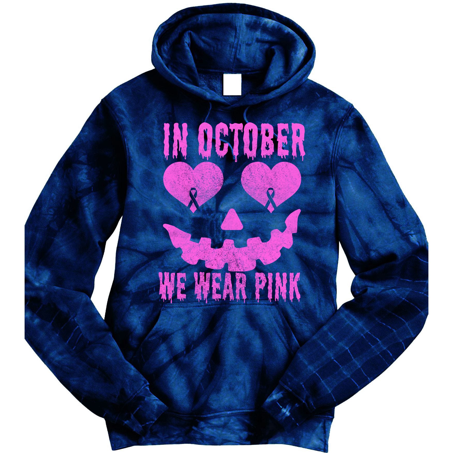 In October We Wear Pink Breast Cancer Pink Jackolantern Halloween Tie Dye Hoodie