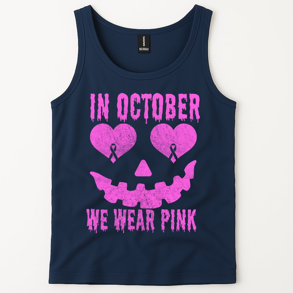 In October We Wear Pink Breast Cancer Pink Jackolantern Halloween Tank Top
