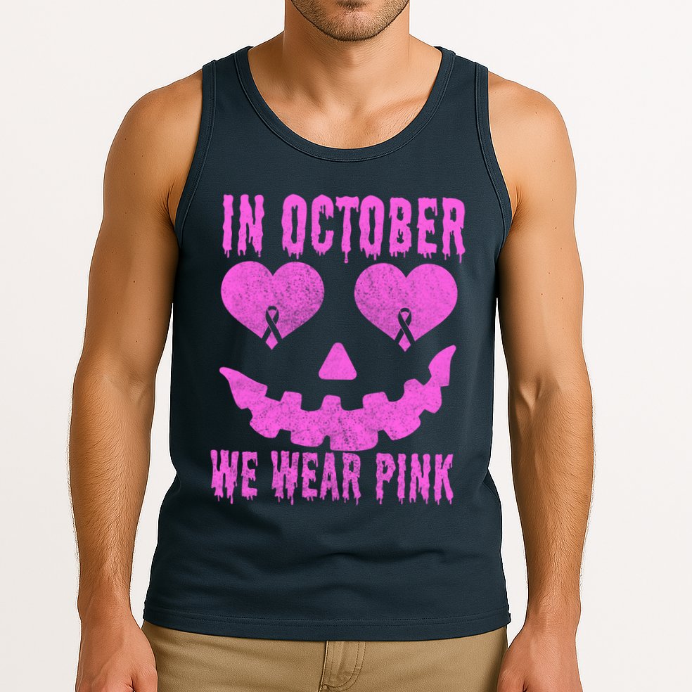 In October We Wear Pink Breast Cancer Pink Jackolantern Halloween Tank Top