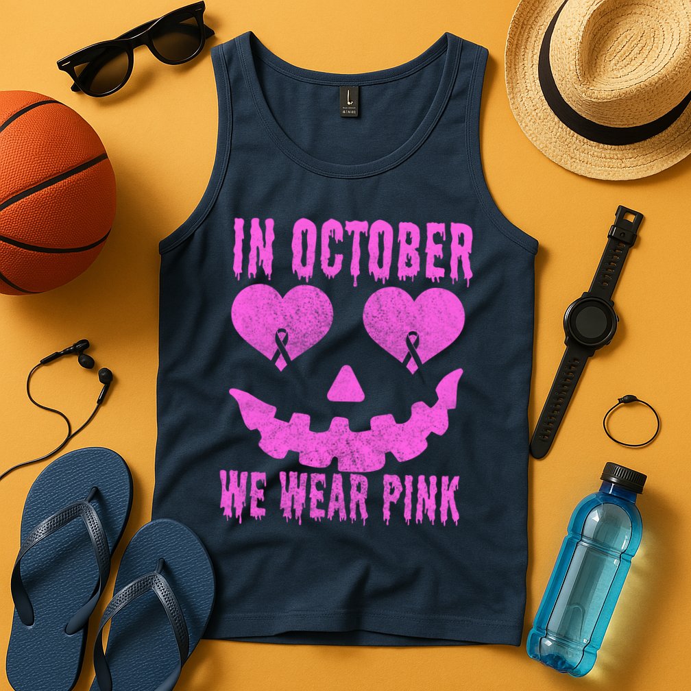 In October We Wear Pink Breast Cancer Pink Jackolantern Halloween Tank Top