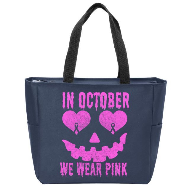 In October We Wear Pink Breast Cancer Pink Jackolantern Halloween Zip Tote Bag