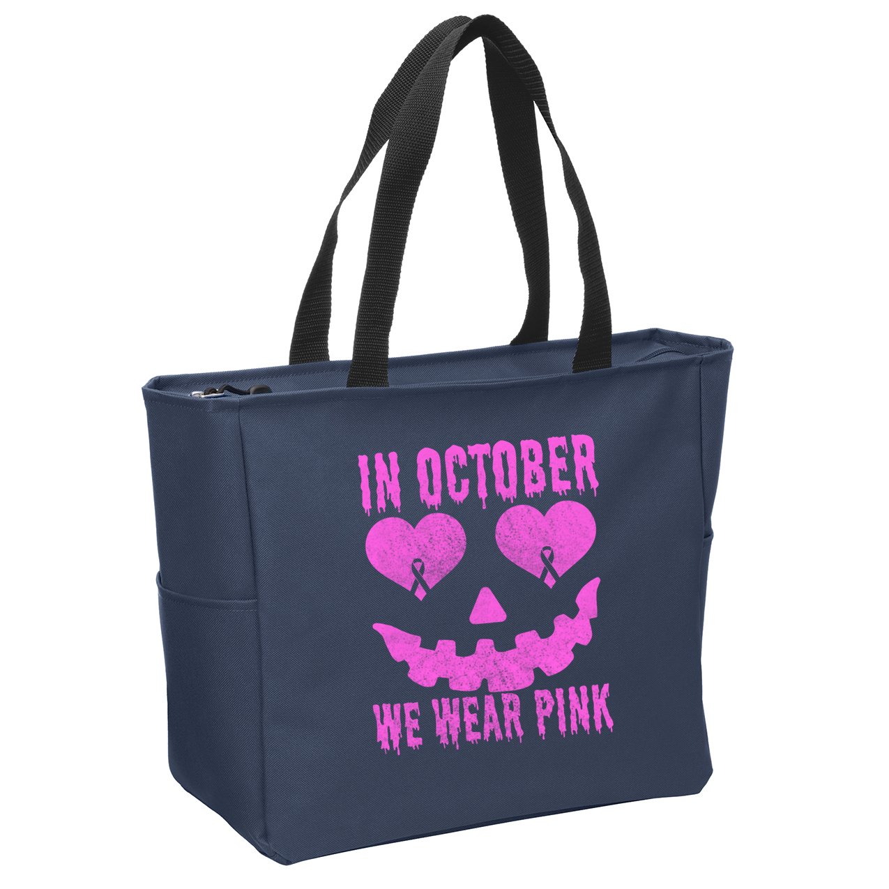 In October We Wear Pink Breast Cancer Pink Jackolantern Halloween Zip Tote Bag