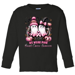 In October We Wear Ghost Witch Breast Cancer Awareness Toddler Long Sleeve Shirt